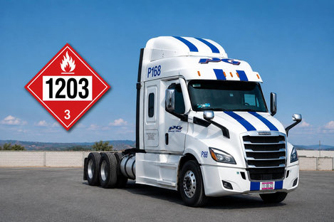 A white Palos Garza day-cab tractor beside a red 1203 flammable-liquid placard.