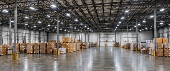 Interior of a Palos Garza warehouse, with palletised freight staged along a polished concrete floor.