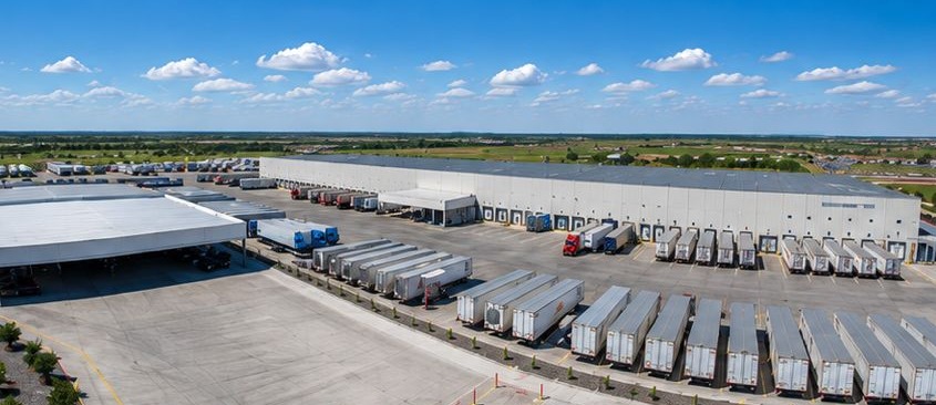 Aerial view of a Palos Garza distribution centre with dozens of trailers backed into its loading docks.