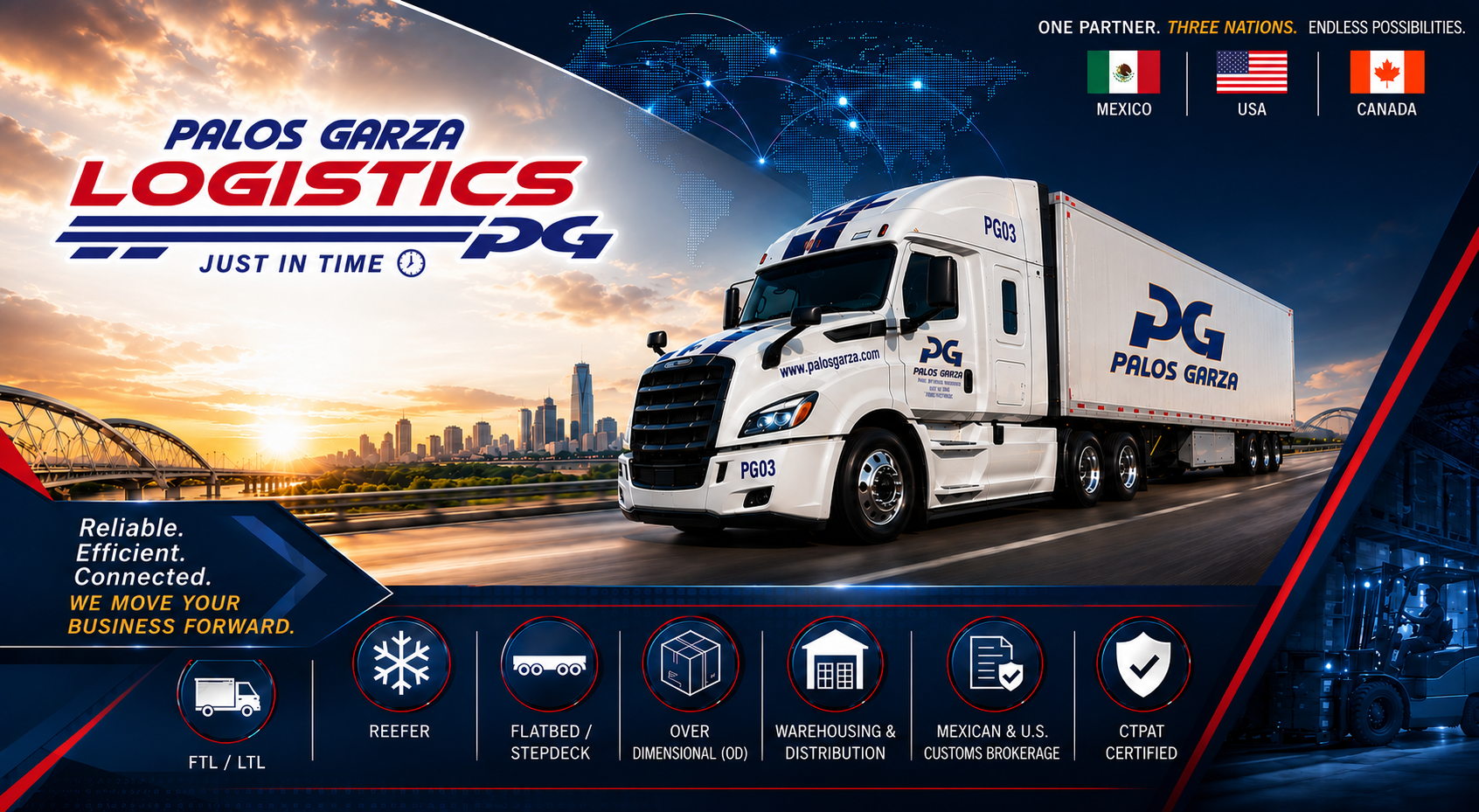 A Palos Garza truck on the highway at sunset, with service icons for reefer, flatbed, over-dimensional, warehousing, customs brokerage, and CTPAT certification.